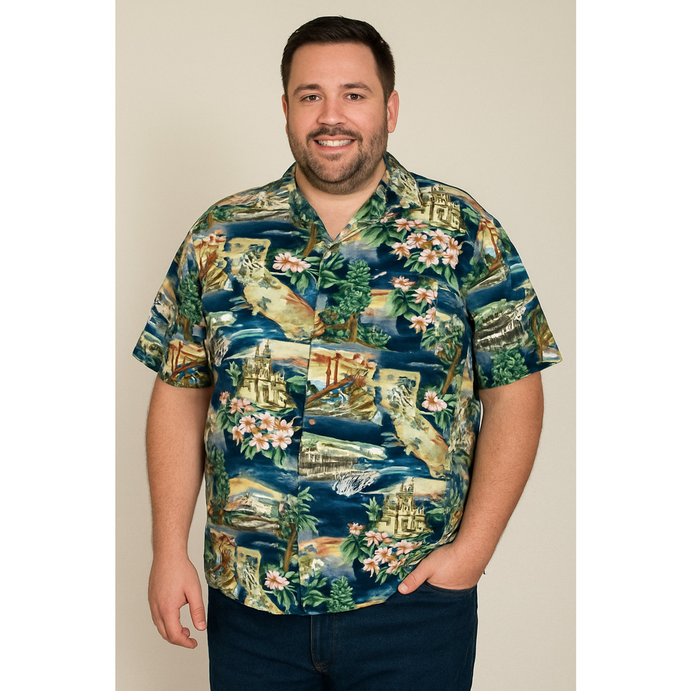 Paradise Found Hawaiian Shirt 2XL California Disney SF Bridge State Map Pocket
